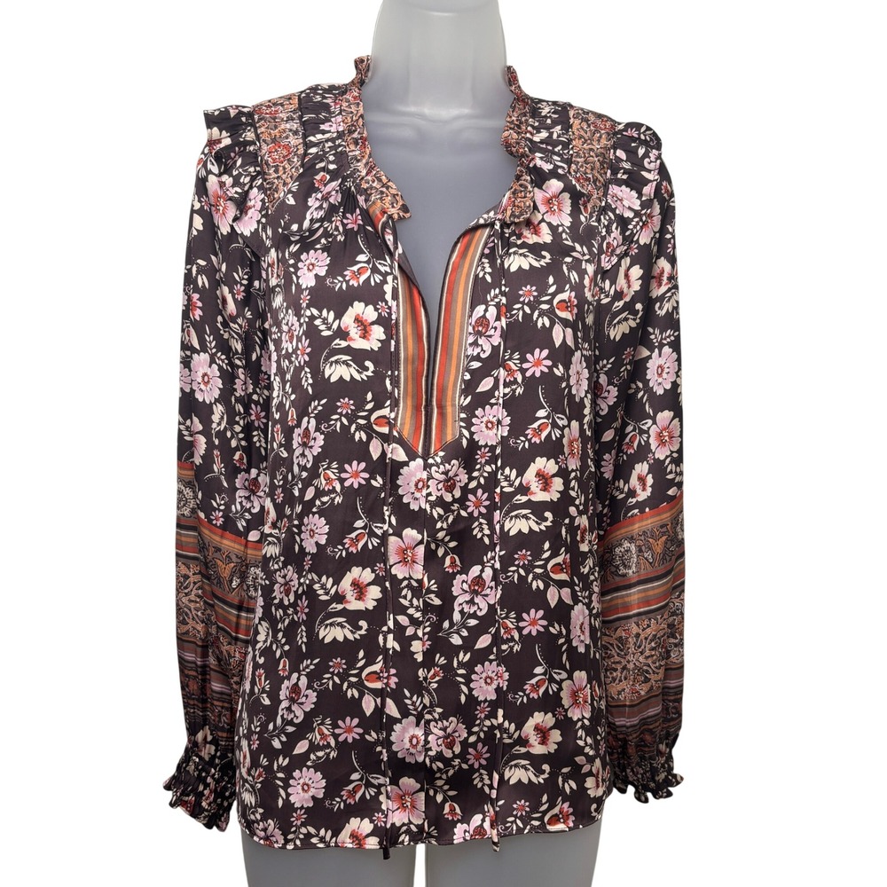 James Floral V-Neck Smocked Ruffled Elastic Cuffs Peasant Blouse Top Womens M